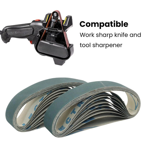 Replacement 20 Piece Sanding Belt Kit 400 Grit Ceramic and Aluminum Oxide Belts for Ken Onion Edition Work Sharp Knife and Tool Sharpener Pro Grade Sharpening Belts with belts and sharpener visible
