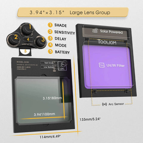 True Color Auto Darkening Welding Helmet lens displaying 3.94 by 3.15 inch window, arc sensors, solar powered and shade settings