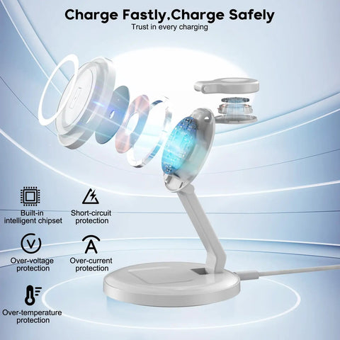 Exploded view of MagSafe 3 In 1 Wireless Charging Station Dock For iPhone Watch And AirPods Pro Fast 15W Foldable Stand Magnetic Charger.