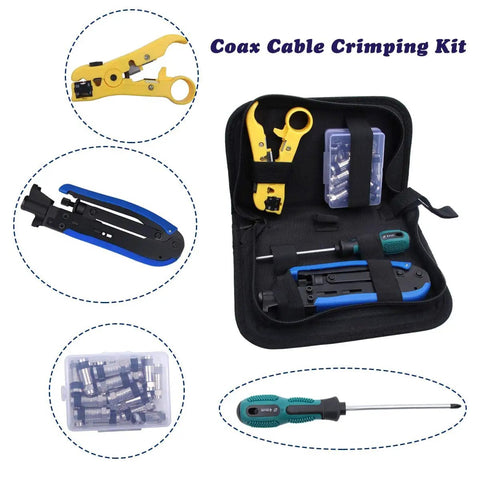 Coaxial Cable Crimper Kit With 20 F Compression Connectors for RG6 RG59 RG11 in tool case with stripper and installer screwdriver