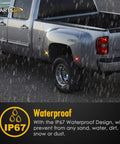 Truck with 4 Piece LED Fender Bed Side Marker Lights Set For Sierra And Silverado Dually Trucks 1999-2013 in rain showing waterproof feature