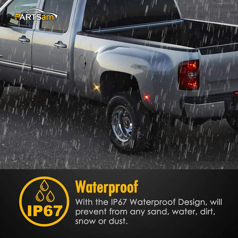 Truck with 4 Piece LED Fender Bed Side Marker Lights Set For Sierra And Silverado Dually Trucks 1999-2013 in rain showing waterproof feature