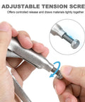 Adjusting tension screw on Heavy Duty Locking Pliers Set With Curved And Straight Jaws Includes Five Inch Seven Inch Ten Inch And Six And A Half Inch Pliers Built In Wire Cutter All Steel Forged Construction And Adjustable Grip For Slippage Free Hold.