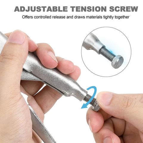 Adjusting tension screw on Heavy Duty Locking Pliers Set With Curved And Straight Jaws Includes Five Inch Seven Inch Ten Inch And Six And A Half Inch Pliers Built In Wire Cutter All Steel Forged Construction And Adjustable Grip For Slippage Free Hold.
