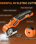 WorkNeon 4V Cordless Electric Scissors Rechargeable Cutter With Two Blades, detailed view showing rubber-coated handle and blades.