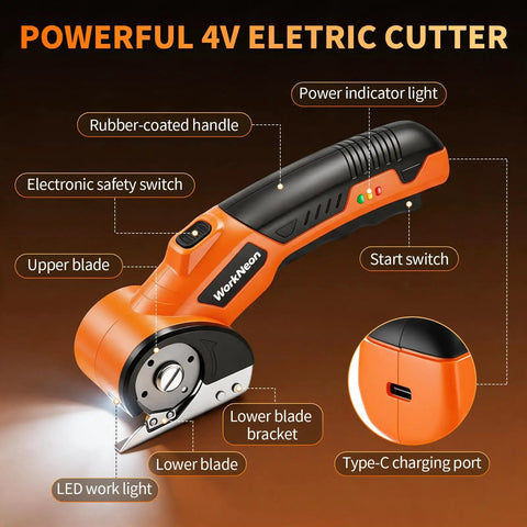 WorkNeon 4V Cordless Electric Scissors Rechargeable Cutter With Two Blades, detailed view showing rubber-coated handle and blades.