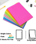 Nine Pack 4x6 Inch Lined Sticky Notes With Lines In Nine Bright Colors Large Ruled Self Adhesive Note Pads 35 Sheets Per Pad Ideal For Office And Home Organization To Do Lists Notes And Quick Reminders stacked on table.