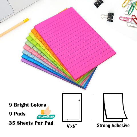 Nine Pack 4x6 Inch Lined Sticky Notes With Lines In Nine Bright Colors Large Ruled Self Adhesive Note Pads 35 Sheets Per Pad Ideal For Office And Home Organization To Do Lists Notes And Quick Reminders stacked on table.