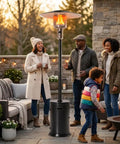 Family enjoying warmth from 47000 BTU Outdoor Patio Heater With Round Table Design And Wheels Propane Gas Standing Heater
