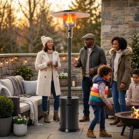 Family enjoying warmth from 47000 BTU Outdoor Patio Heater With Round Table Design And Wheels Propane Gas Standing Heater