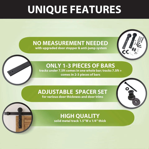 Features of Black Rustic Non Bypass Sliding Barn Door Hardware Kit For Double Doors 7.5 Ft Flat Track With Straight Rollers
