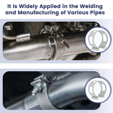 Heavy Duty Exhaust Tacking Band Set, 5 Piece, 304 Stainless Steel, 2 to 4 Inches, Extra Wide, shown securing exhaust pipes