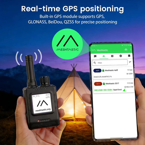 ThinkNode M1 LoRa Meshtastic Transceiver with GPS and 1.54-inch EPD screen displayed in hand near outdoor tent setup