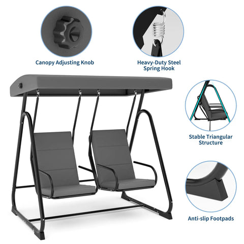 Two Person Outdoor Porch Swing Chair With Cozy Independent Cushioned Seats And Adjustable Canopy Heavy Duty Patio Glider
