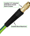 Heavy Duty Hybrid Air Hose Built To Last Three Eighths Inch By Fifty Feet Flexible And Lightweight No Kink Design With One Quarter Inch Industrial Quick Coupler Fittings Bend Restrictors For All Weather Use Green And Blue close-up of brass quick coupler and bend restrictor