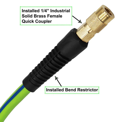 Close-up of Hybrid Air Hose 1/4 Inch By 50 Feet, 300 PSI Heavy-Duty, featuring a brass coupler and bend restrictor, green and blue color.