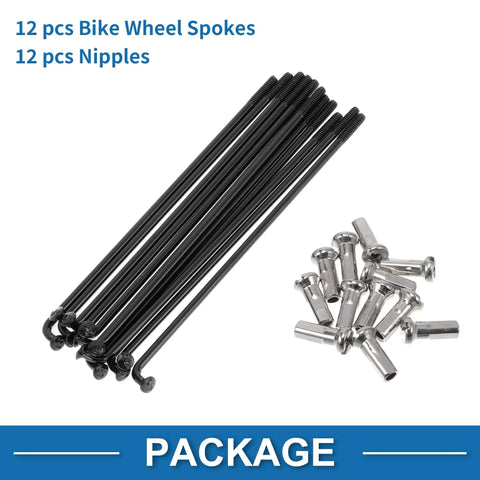 Black 14G 85Mm 304 Stainless Steel Bicycle Spokes Set For Mountain City And Road Wheels With Beefed Up Elbow Spokes 69Mm Without Elbow Length Nipple Size 12x6Mm 1 Pack with 12 spokes and nipples displayed.
