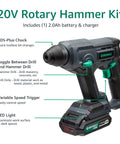 20V Cordless Rotary Hammer Kit with 2.0Ah lithium battery and 2.4A charger, showcasing SDS-Plus chuck and variable speed trigger