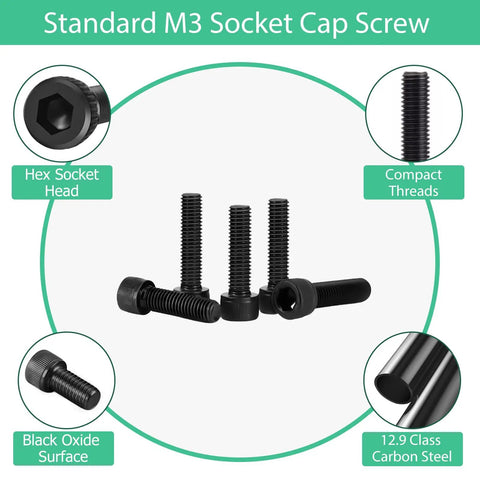 Heavy Duty M3x30mm Hex Socket Head Cap Screws And Bolts 130 Piece Set 12.9 Grade Carbon Steel in black oxide finish.