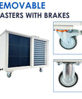 Heavy Duty Portable Air Conditioner Rock Solid Industrial Spot Cooler With Killer 61000 BTU Cooling And Insane 2900 Cubic Meter Per Hour Airflow For Garage Shop Warehouse Use On 3 Phase 220V Power removable casters with brakes detailed.