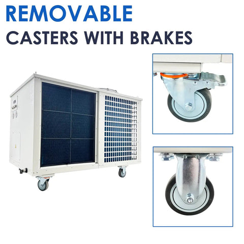 Heavy Duty Portable Air Conditioner Rock Solid Industrial Spot Cooler With Killer 61000 BTU Cooling And Insane 2900 Cubic Meter Per Hour Airflow For Garage Shop Warehouse Use On 3 Phase 220V Power removable casters with brakes detailed.