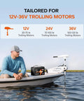 Premium 12V 100Ah LiFePO4 Battery Trolling Motor Marine Boat RV 4 Pack Smart BMS displayed on a boat with trolling motor.
