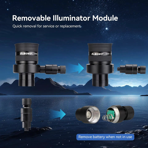 Illustration showing removable module of Illuminated Crosshair Reticle Eyepiece 1.25 Inch, 20mm Vision for easy maintenance