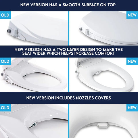 Comparison of old and new Dual Nozzle Manual Bidet Toilet Seat For Elongated Toilets with soft close lid features.