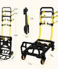 Heavy-duty folding hand truck cart with adjustable handle and four rubber wheels, ideal for moving luggage, supplies, and daily hauling needs.