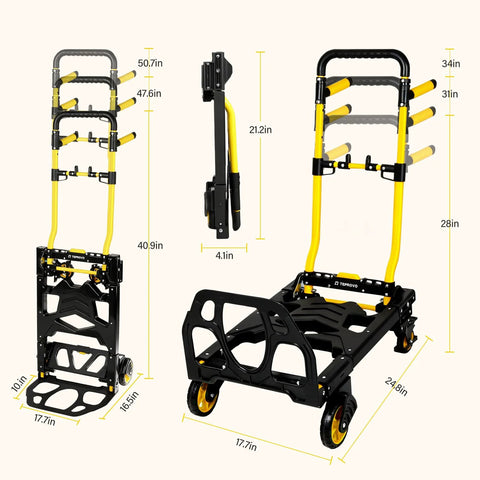 Heavy-duty folding hand truck cart with adjustable handle and four rubber wheels, ideal for moving luggage, supplies, and daily hauling needs.