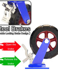 Heavy Duty Industrial Caster Wheels Pack Of 4 Solid Rubber Rollers Built Like A Tank For Smooth As Butter Swiveling with steel double locking brakes.