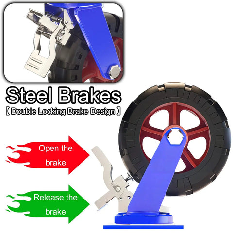 Heavy Duty Industrial Caster Wheels Pack Of 4 Solid Rubber Rollers Built Like A Tank For Smooth As Butter Swiveling with steel double locking brakes.