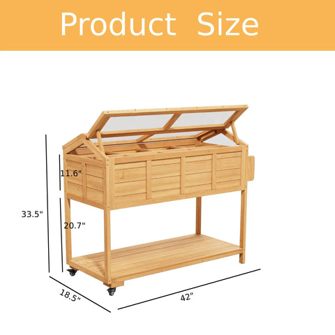 Ergonomic Elevated Garden Bed On Wheels With Cover And Storage Shelf, wooden construction, dimensions: 42 in L x 18.5 in W x 33.5 in H