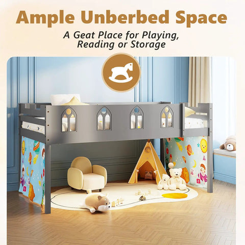 Twin Loft Bed With Built In LED Lights And Remote Control, 4 Storage Shelves, Removable Curtain, 15 Inch Guardrail, Gray