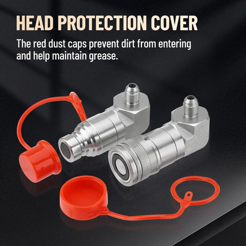 Front view of Metlead 90-degree elbow hydraulic quick-connect couplers with 1/2-inch body and red dust caps