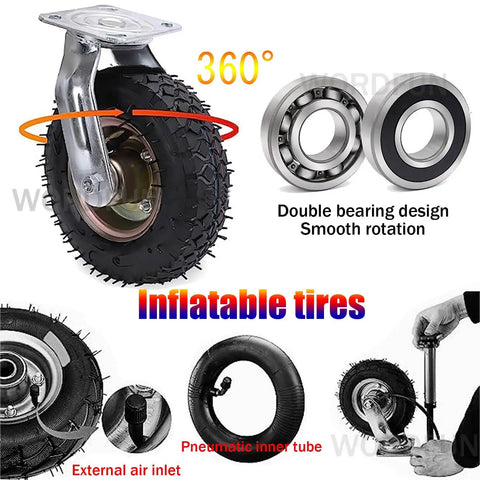 Straight Up Heavy Duty Industrial Caster Pair Featuring Silent Rubber Wheels And Thick Steel Base Plates with 360° rotation and double bearing.
