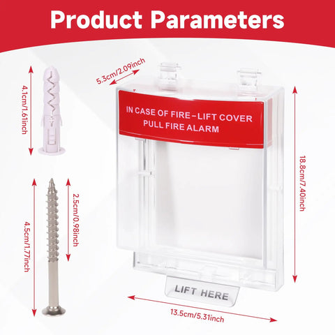 Fire Alarm Protective Cover For Manual Call Point Button, transparent with red markings, dimensions and installation screws shown.