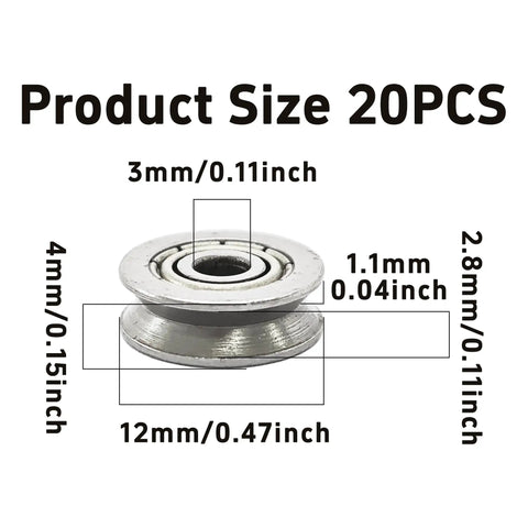 20 Pack Rock Solid V Groove Ball Bearing Pulleys feature sealed carbon steel with 12mm outer width and 3mm inner hole.