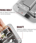 Close-up of heavy duty stainless steel paddle lock with key for RV trailers and doors, highlighting spring bolt and shaft details.