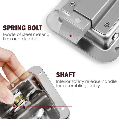 Close-up of heavy duty stainless steel paddle lock with key for RV trailers and doors, highlighting spring bolt and shaft details.