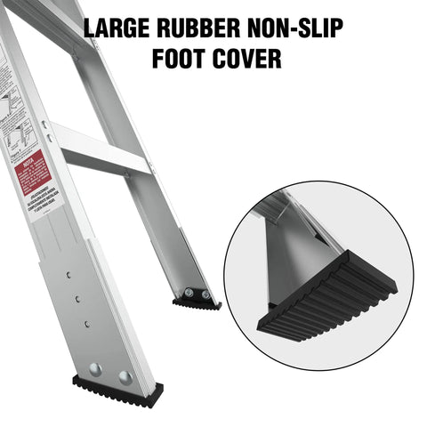 10 Foot Aluminum Attic Ladder With Pull Down System For 54 Inch Wide By 22.5 Inch Opening Non Slip Foot Mats Fits 7 Foot 8 Inch To 10 Foot 3 Inch Ceilings Beefy Heavy Duty 350 Pound Capacity, close-up of non-slip rubber foot cover