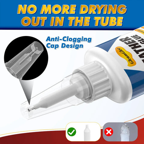 Close-up of Leather Glue 1.23 Oz Ultra Strong Clear Waterproof Adhesive tube with anti-clogging cap design, focus on nozzle.