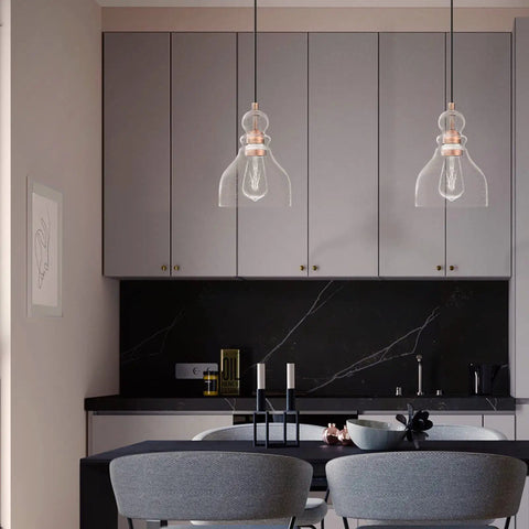 Dope Industrial Farmhouse Glass Pendant Lights 6.5 Inch Hand Blown Seeded Glass Washed Copper Finish 2 Pack illuminating kitchen