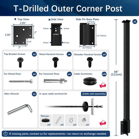 T-Drilled Outer Corner Post dimensions and components for Rock Solid Black Stainless Steel Outer Corner Cable Railing Post For 36 Inch Exterior Deck Systems T304 Metal Fixed Top Bracket With Built In Terminal And Slick Cable Grommet.