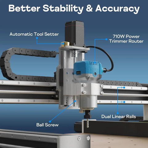 Close-up of 6060 CNC Router Machine With NEMA 23 Closed-Loop Stepper Motors And A Beefed-Up 710W Spindle, highlighting dual linear rails.