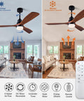 Boss 52 Inch Ceiling Fan With Light Wood Finish Three Blade Design in living room, remote control shown, summer and winter modes