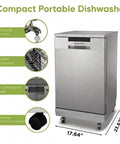 No Sweat Portable Dishwasher In Brushed Platinum Steel Compact Countertop Appliance Featuring Eight Place Settings Basket Tray And Whisper Quiet Cycle For Breezy Daily Washing with dimensions and features.