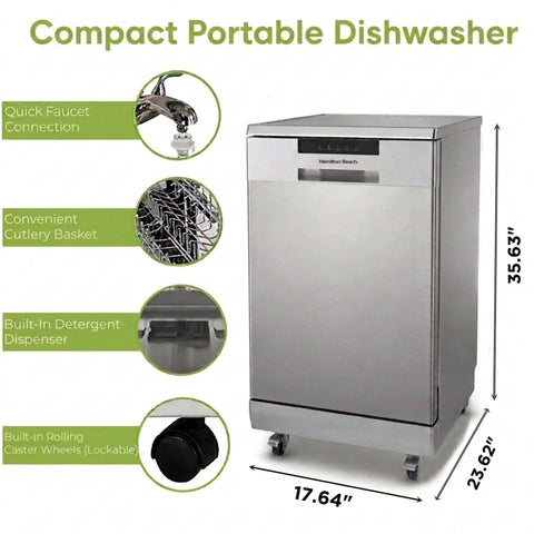 No Sweat Portable Dishwasher In Brushed Platinum Steel Compact Countertop Appliance Featuring Eight Place Settings Basket Tray And Whisper Quiet Cycle For Breezy Daily Washing with dimensions and features.
