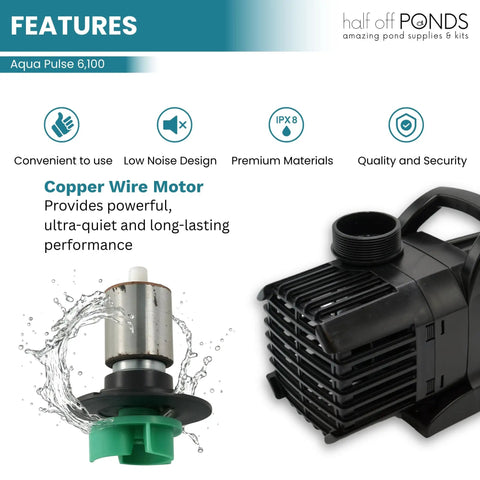 6,100 GPH Submersible Pond Pump with copper wire motor and power cord for koi ponds and water gardens