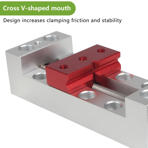 Nifty Mini Bench Vise Featuring Slick Bottom Slider And Precision Flat Jaws For Drill Press Work No Sweat Clamp Lock Solid 50mm Clamping Range close-up of cross V-shaped mouth design with red jaws for improved stability.